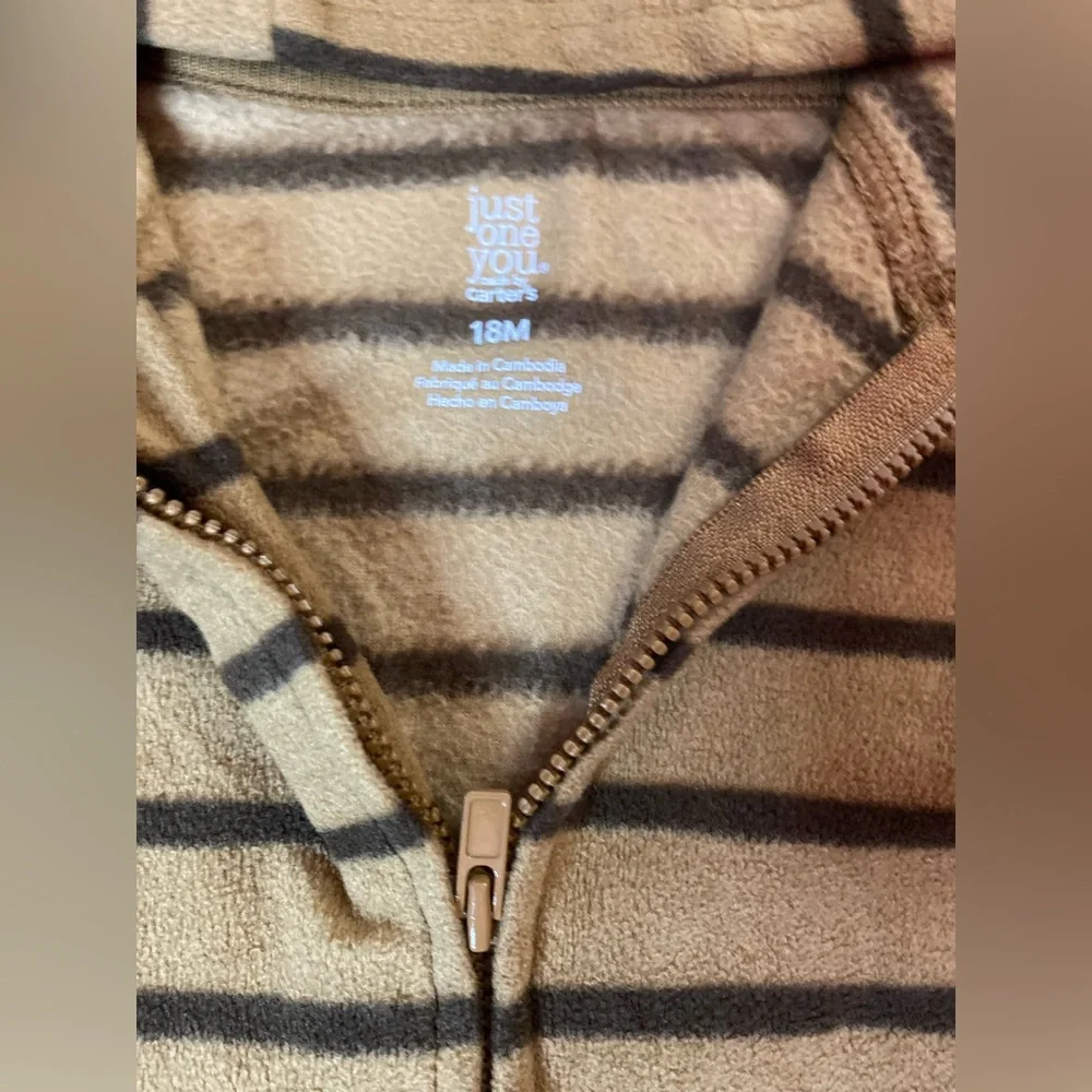 Carter's Brown Striped one piece Pajama Hood front pocket full Zipper Size 18m